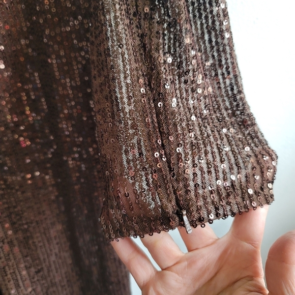 Ieena for Mac Duggal, Sequined Faux Wrap Ruched Gown, Chocolate, Size 10, NWT - Picture 10 of 16